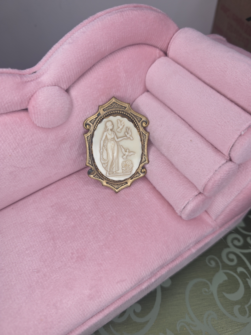 Vintage Glass Helen Of Troy Dove Brass Brooch Revival Style